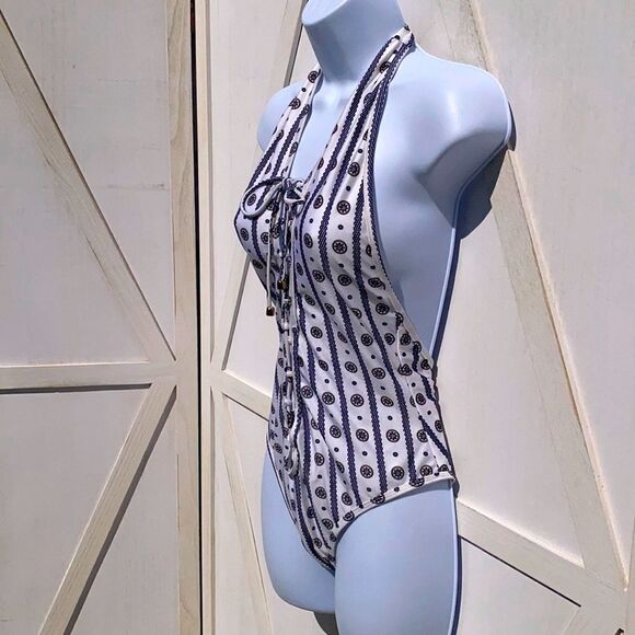Orion Deep V Lace Up Front One Piece Swim Suit In White Navy Multi - Picture 4 of 13